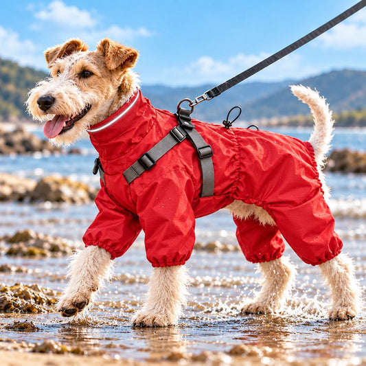 Red four-leg dog raincoat with built-in harness