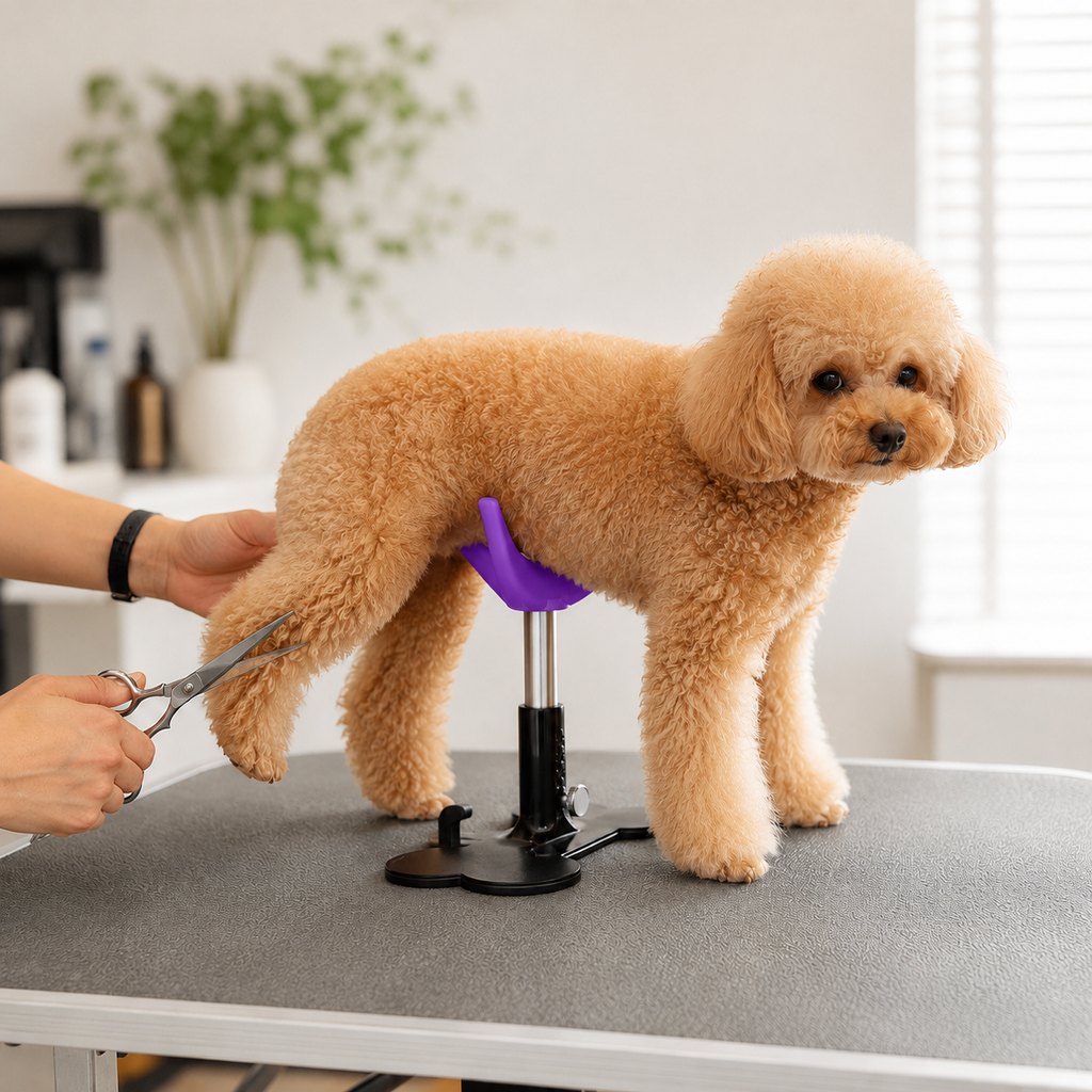 Purple adjustable dog grooming support stand for small dogs