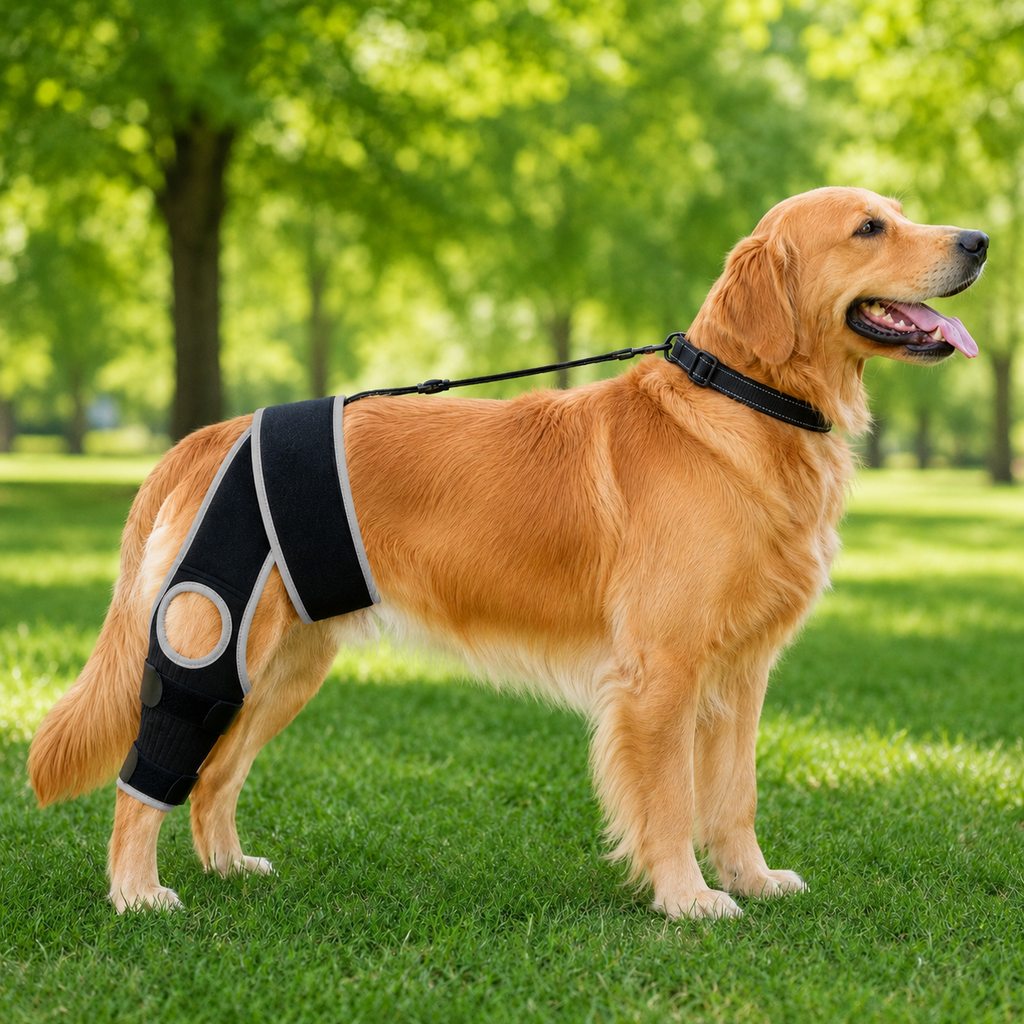 Silver gray trim adjustable dog knee brace with collar support strap