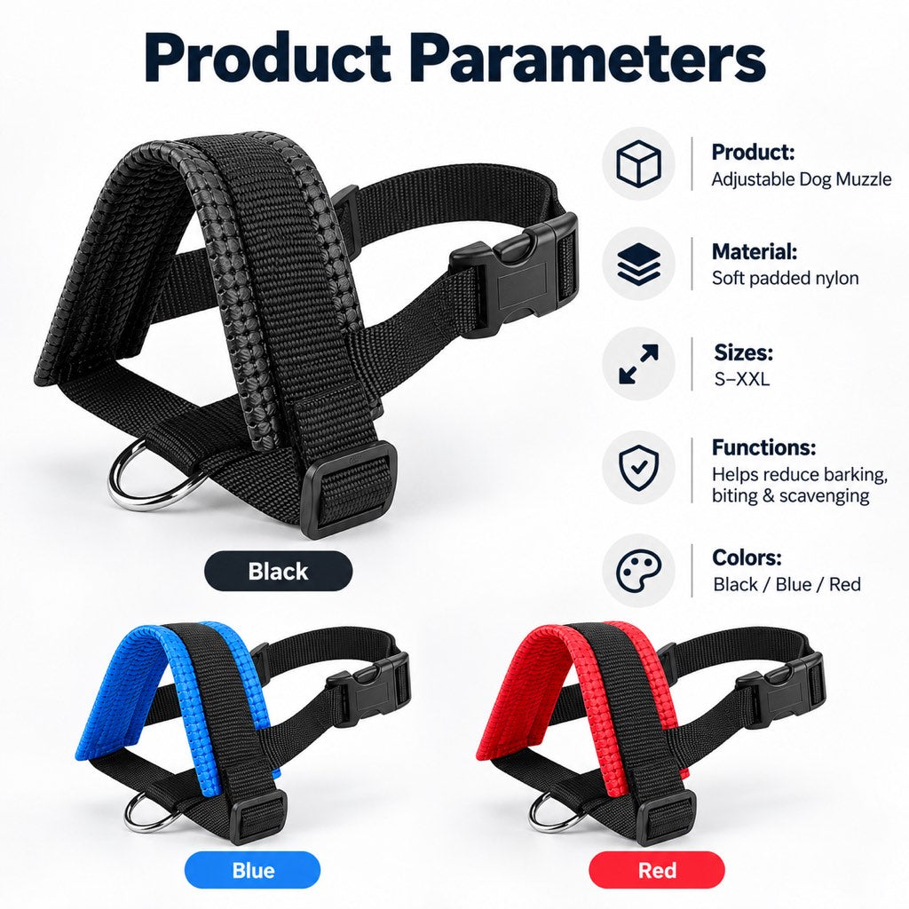 Padded adjustable dog muzzle product parameters and colors