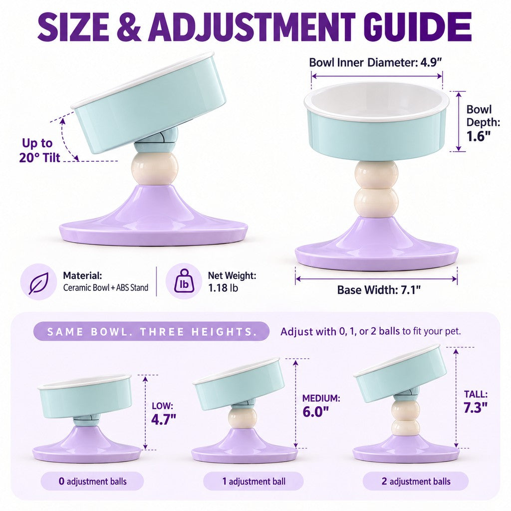 Adjustable elevated ceramic pet bowl size guide
