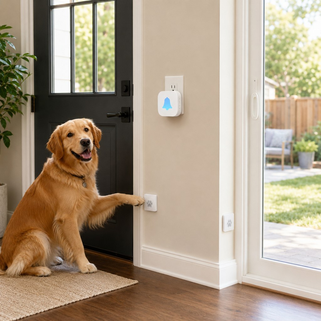 Paws in Awe Wireless Dog Doorbell for Potty Training - Self-Powered Paw Button & Plug-In Chime to Help Dogs Ask to Go Outside image 15