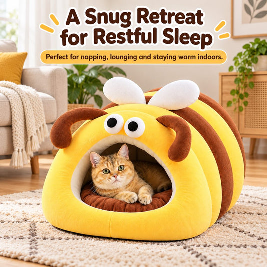 Cat relaxing in a cozy bee-shaped indoor pet bed