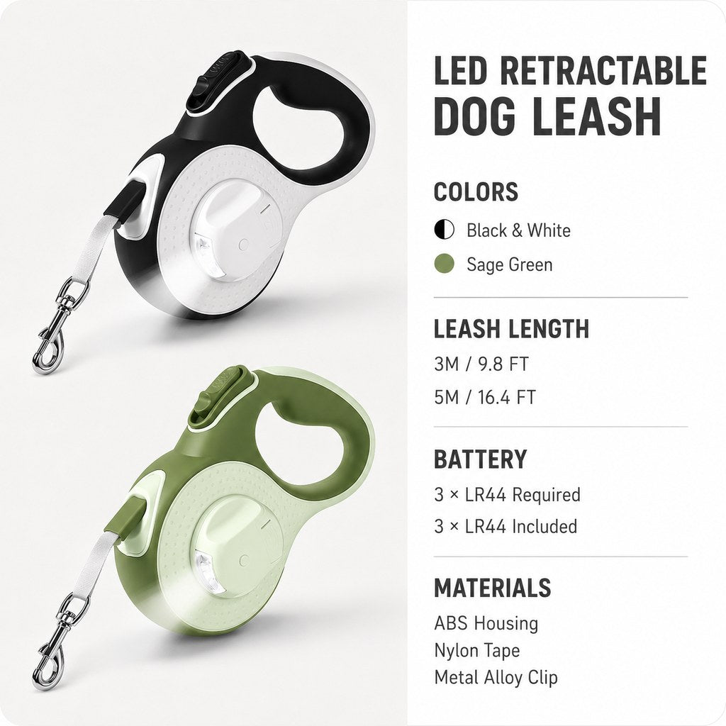 Black and white LED retractable dog leash with built-in path light, one-hand brake and flat nylon tape