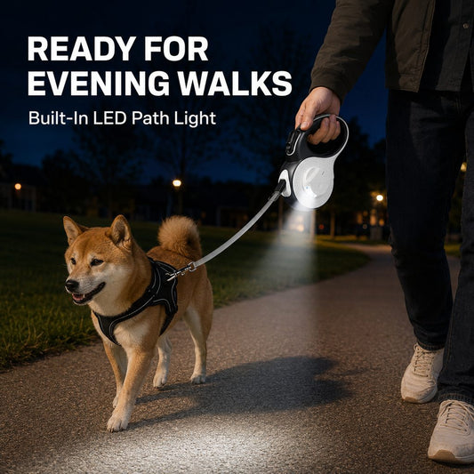 Built-in LED path light illuminating the ground during an evening dog walk