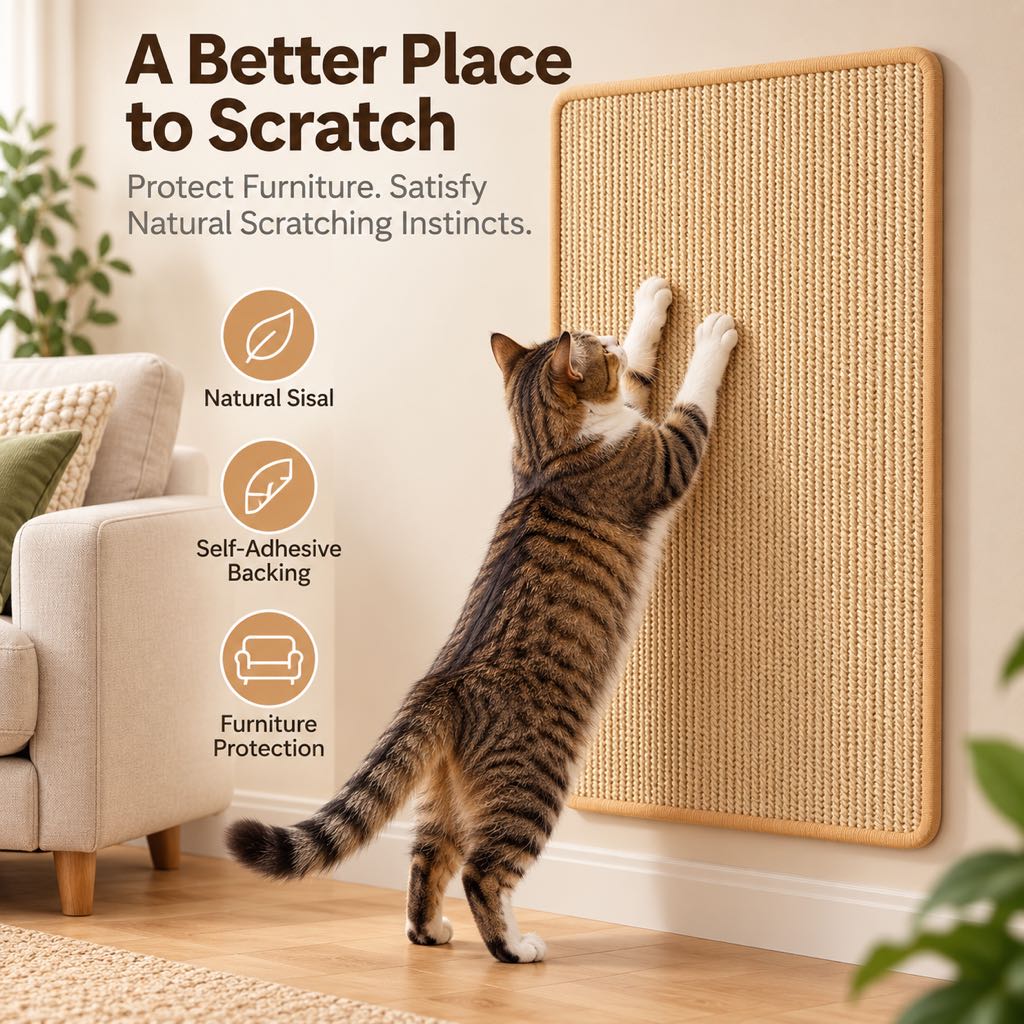 Paws in Awe Self-Adhesive Sisal Cat Scratching Mat for Sofas & Walls - Helps Protect Furniture from Scratches