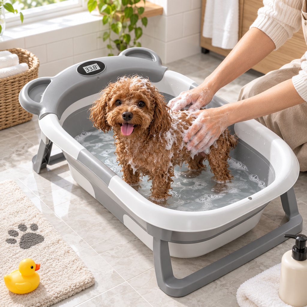 Gray collapsible pet bathtub with digital thermometer for small dogs
