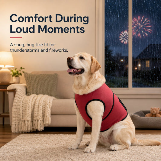 Dog comfort wrap vest in red during loud household moments
