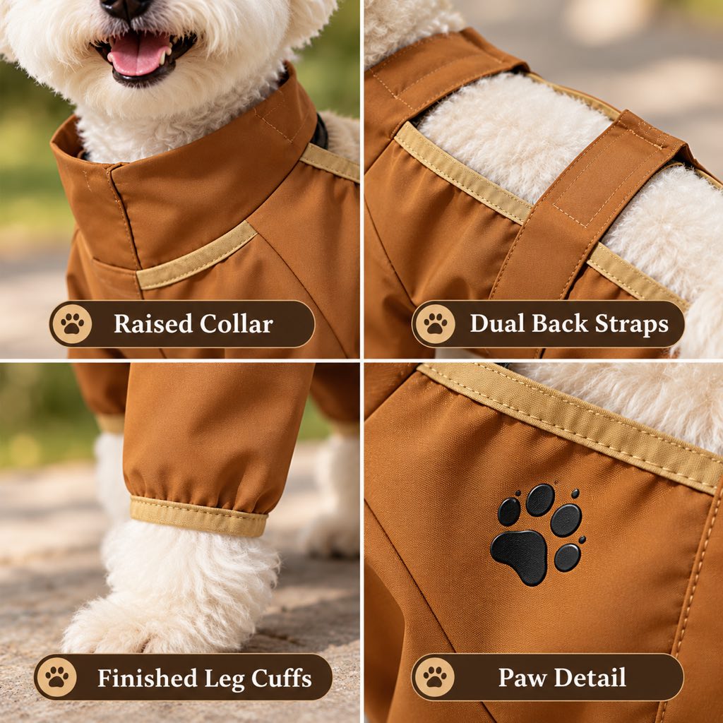Raised collar dual straps leg cuffs and paw detail on a dog dust suit