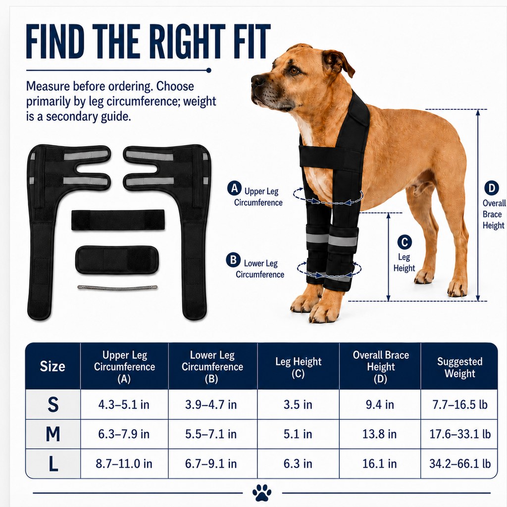 Dog double front leg support brace size guide