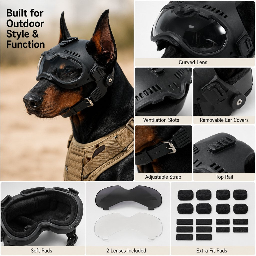 K9 tactical-style dog helmet with goggles for outdoor training