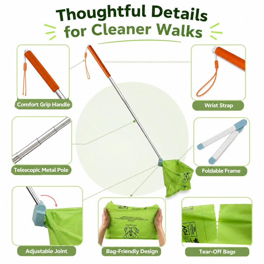 Paws in Awe Foldable Dog Poop Catcher for Walks - No-Bend Waste Pickup Tool with Telescopic Handle image 10