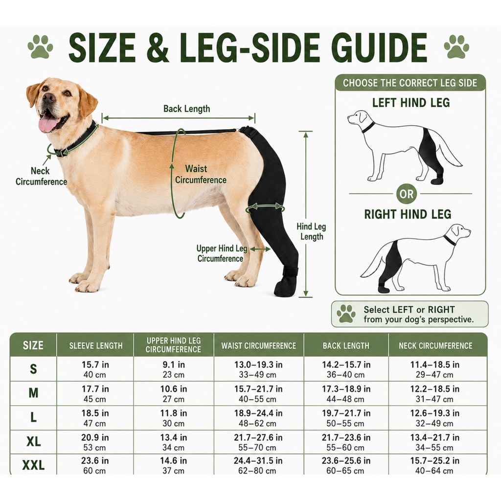 Dog rear leg recovery sleeve updated size chart