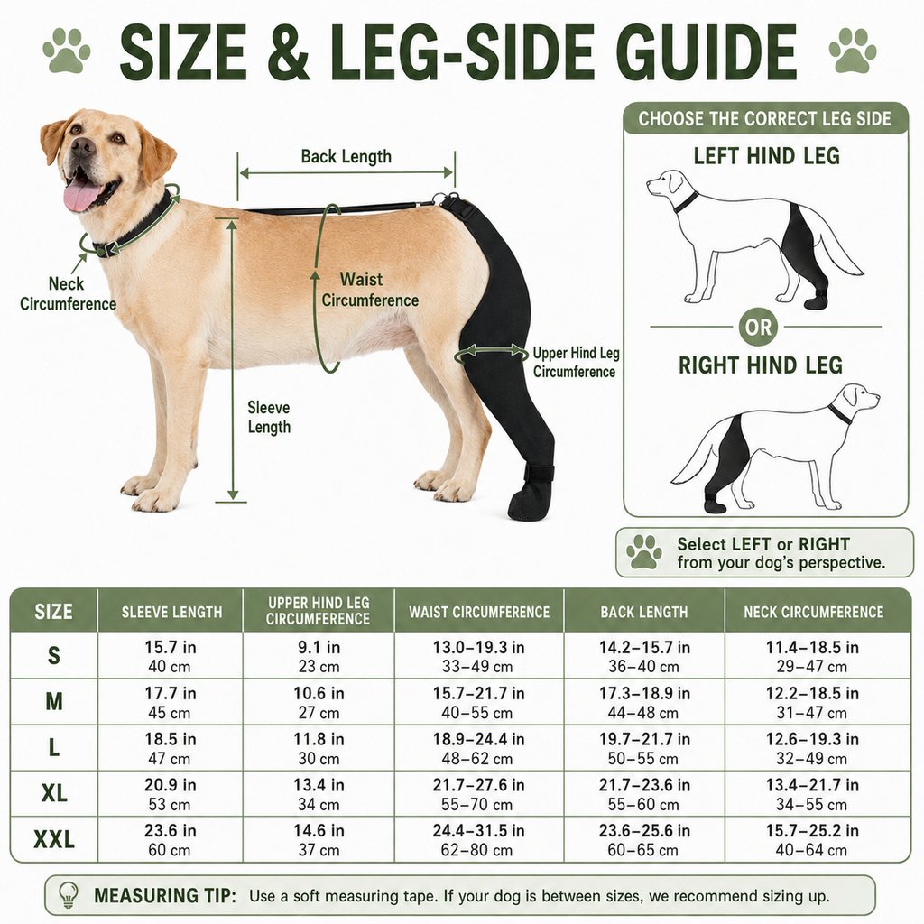 Dog rear leg sleeve size and leg side guide