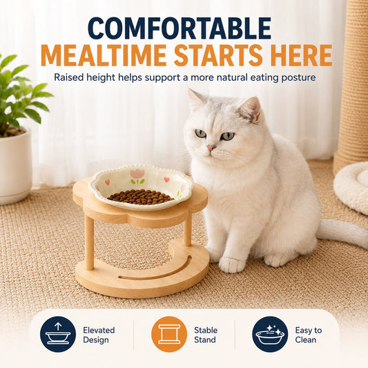 Paws in Awe Elevated Ceramic Pet Bowl with Wooden Stand for Cats & Small Dogs image 2