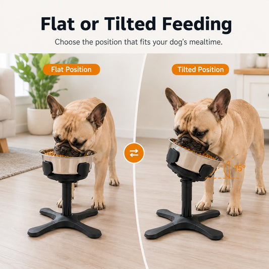 Flat and tilted feeding positions for French Bulldog bowl