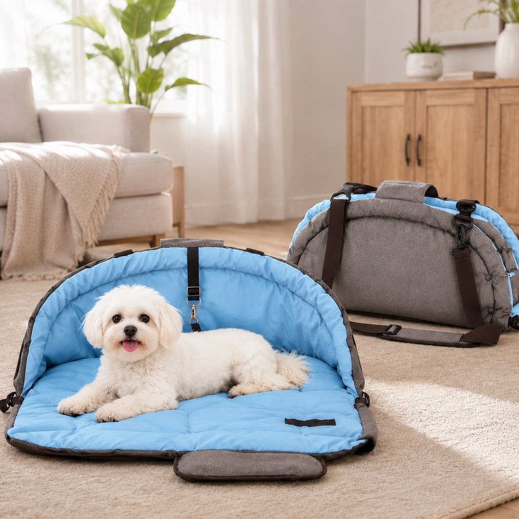 Blue 2-in-1 foldable dog travel bed and carry bag