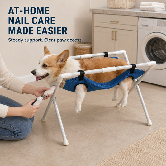 At-home nail care with freestanding pet grooming hammock stand