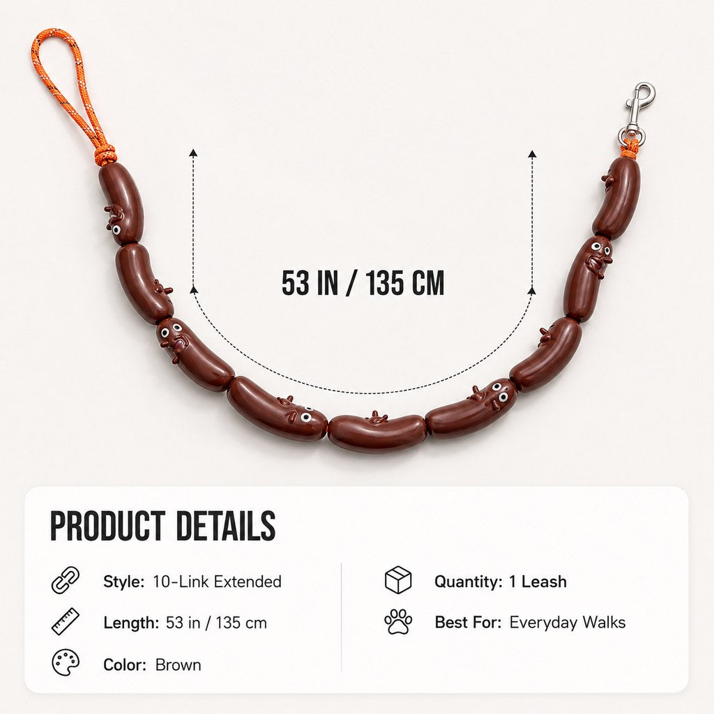 Brown sausage link leash with metal swivel snap hook
