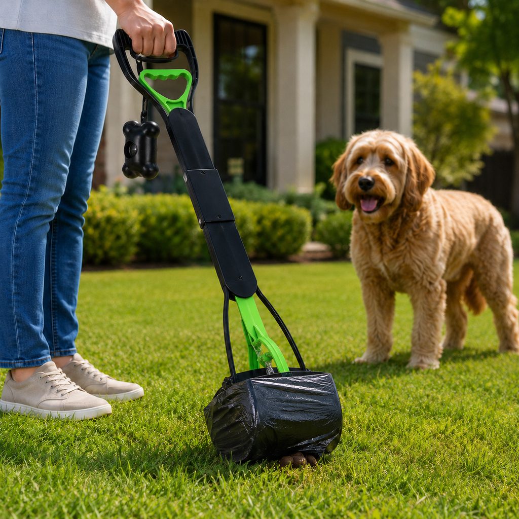 Green accent foldable dog pooper scooper with waste bags lifestyle