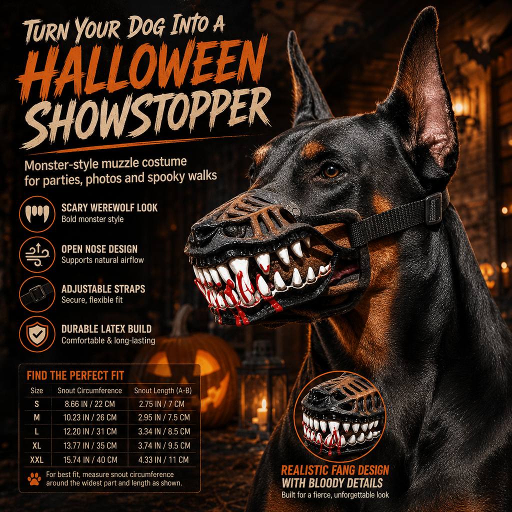 Paws in Awe Halloween Monster Dog Muzzle Costume - Adjustable Open-Nose Fang Mask for Parties, Photos & Spooky Walks image 11