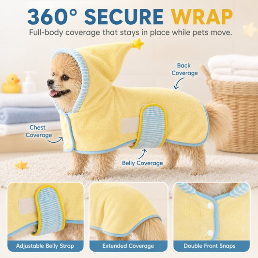 Paws in Awe Hooded Pet Drying Robe for Dogs & Cats - Fast Absorbent Wearable Towel for Bath, Rain & Swim to Keep Pets Dry, Warm & Home Clean image 2