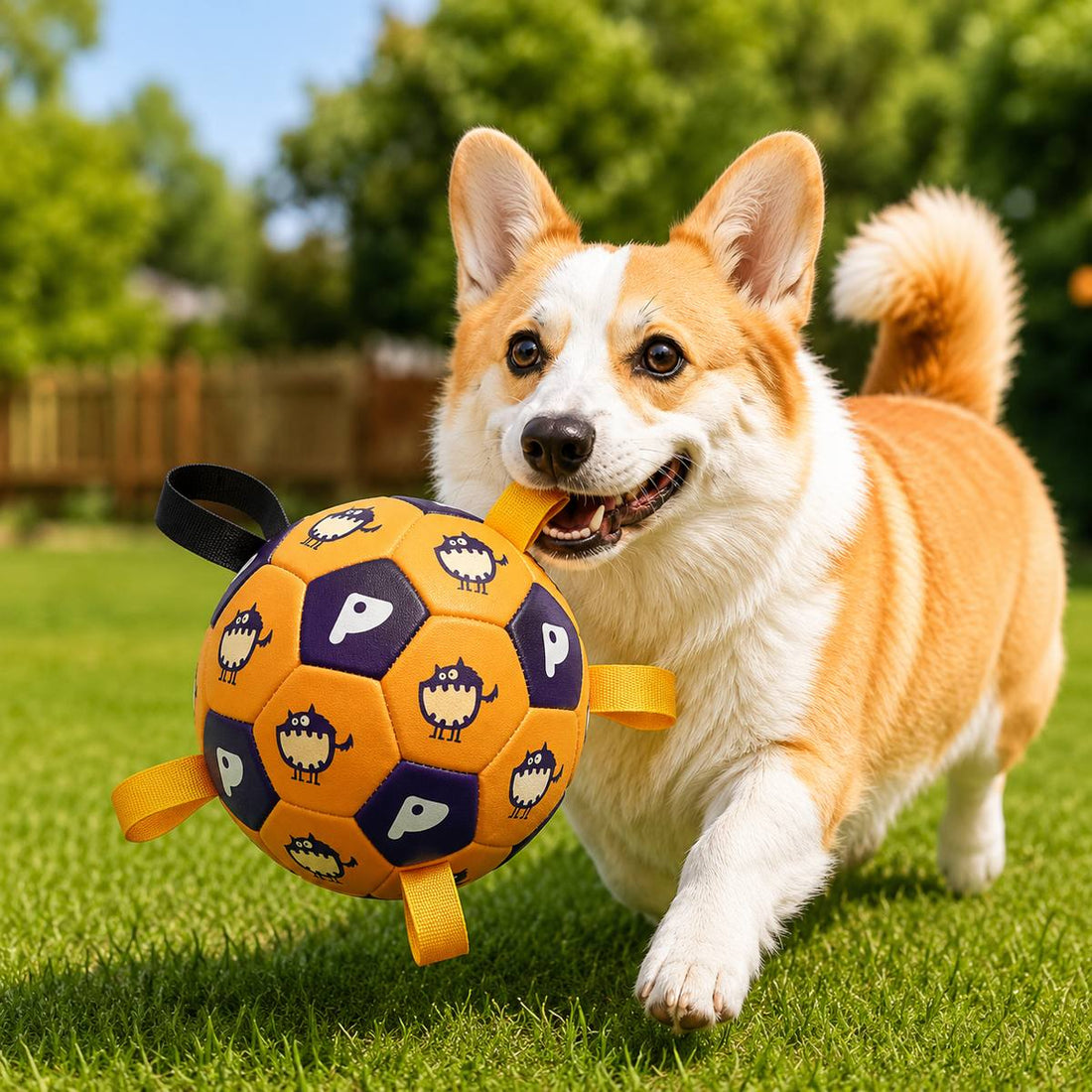Interactive dog soccer ball with grab tabs in yellow dino print pattern.