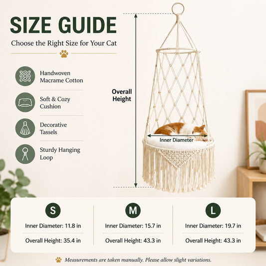 Paws in Awe Macrame Hanging Cat Hammock Bed with Cushion - Space-Saving Indoor Cat Swing for Small Apartments image 2