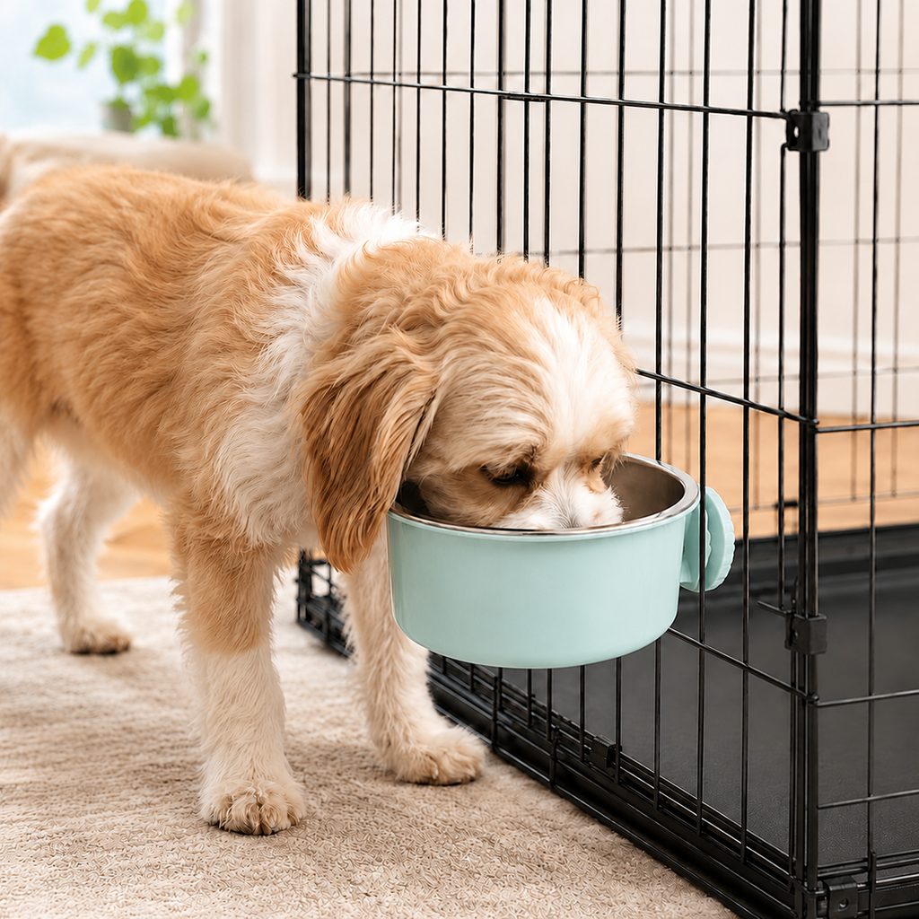 Crate-mounted stainless steel pet bowl for dogs and cats