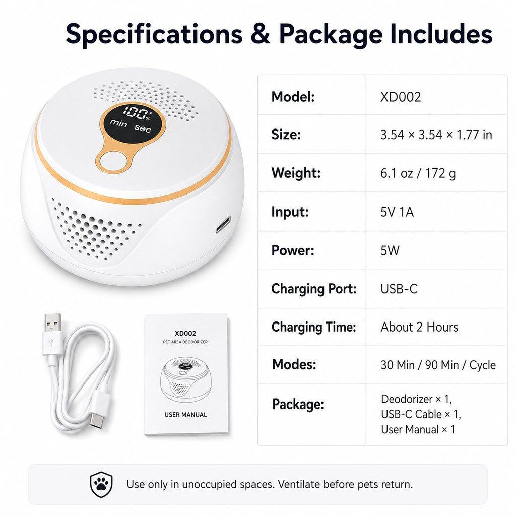 Rechargeable pet odor deodorizer for dog crate and litter box areas