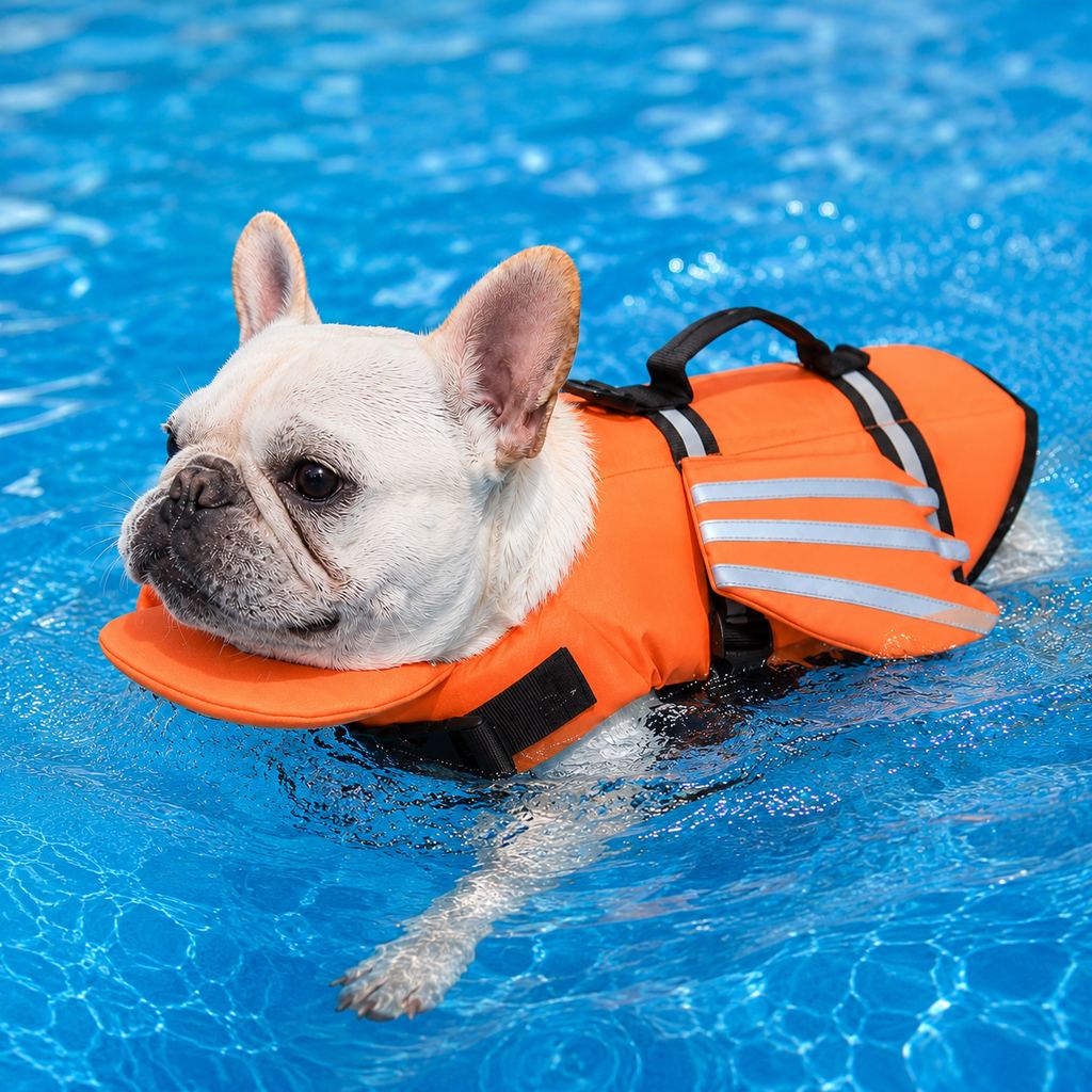 Orange Frenchie angel-wing dog life jacket
