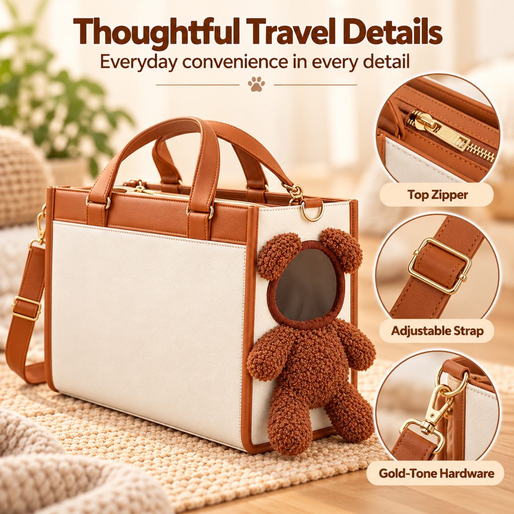 Top zipper adjustable strap and gold-tone hardware on a pet carrier tote