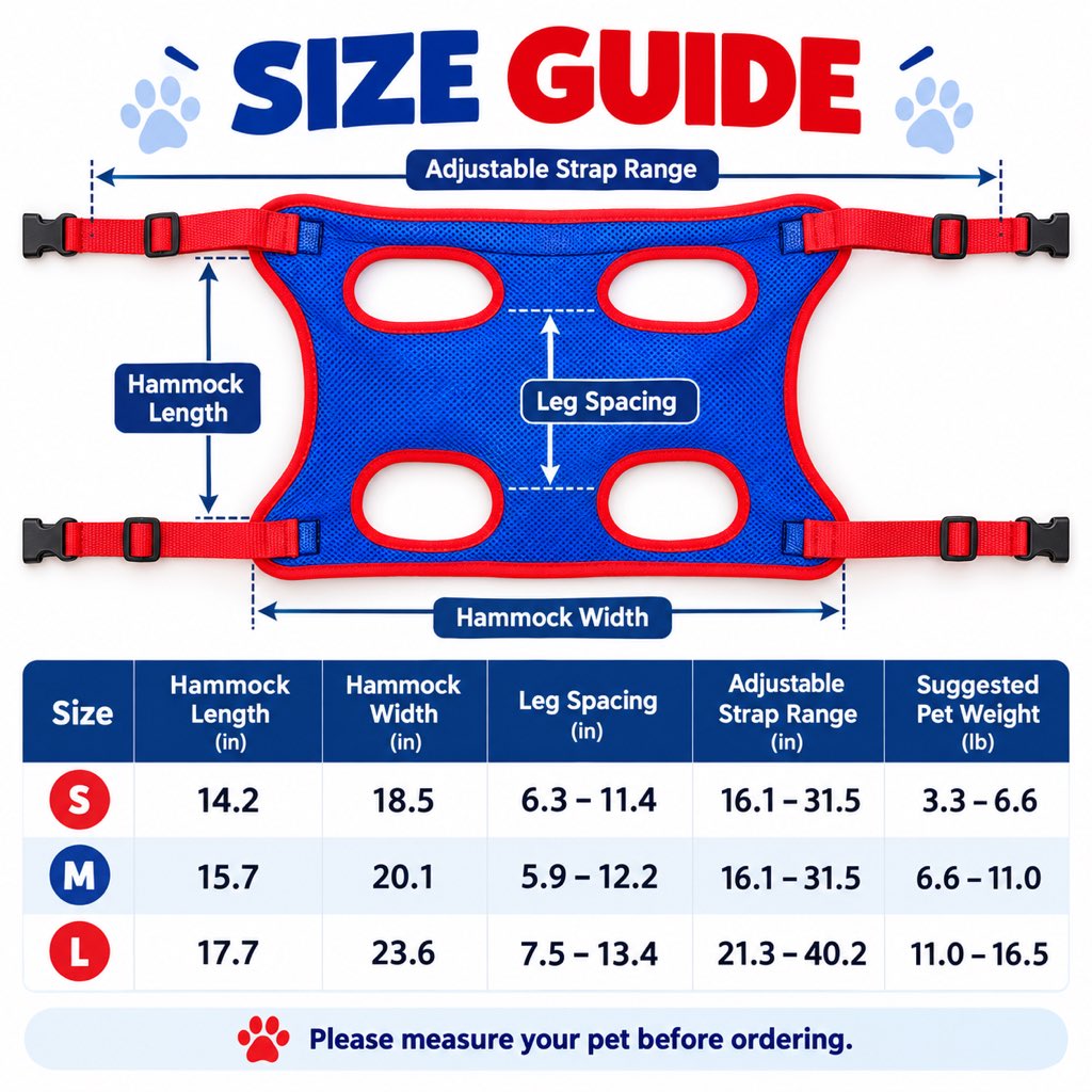 Pet grooming hammock size guide for S M and L