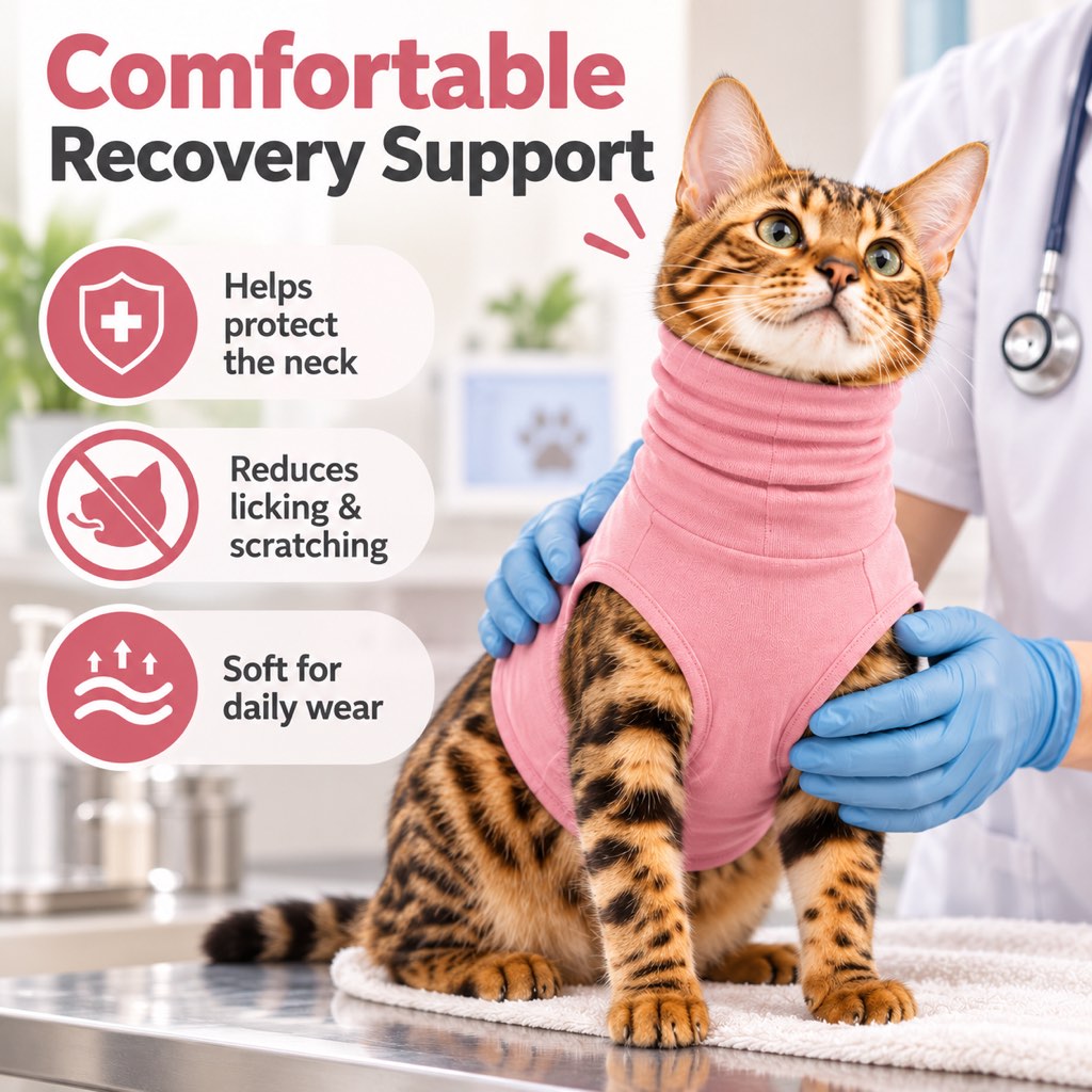 Pink high-neck pet recovery shirt on a cat during supervised care