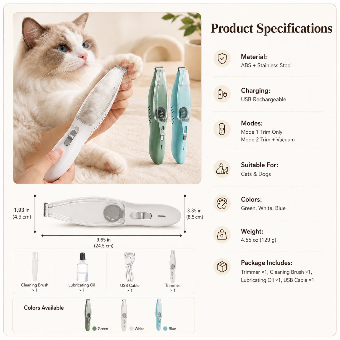 Pet paw trimmer color options in green, white, and blue.