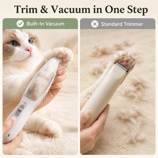 Pet paw trimmer trims and vacuums loose fur in one step.