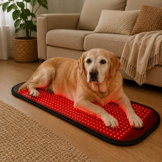 Dog resting on pet red and near-infrared light wellness mat