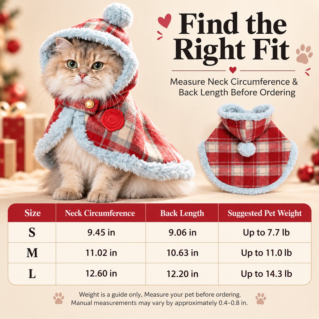Christmas pet cape size chart for small medium and large