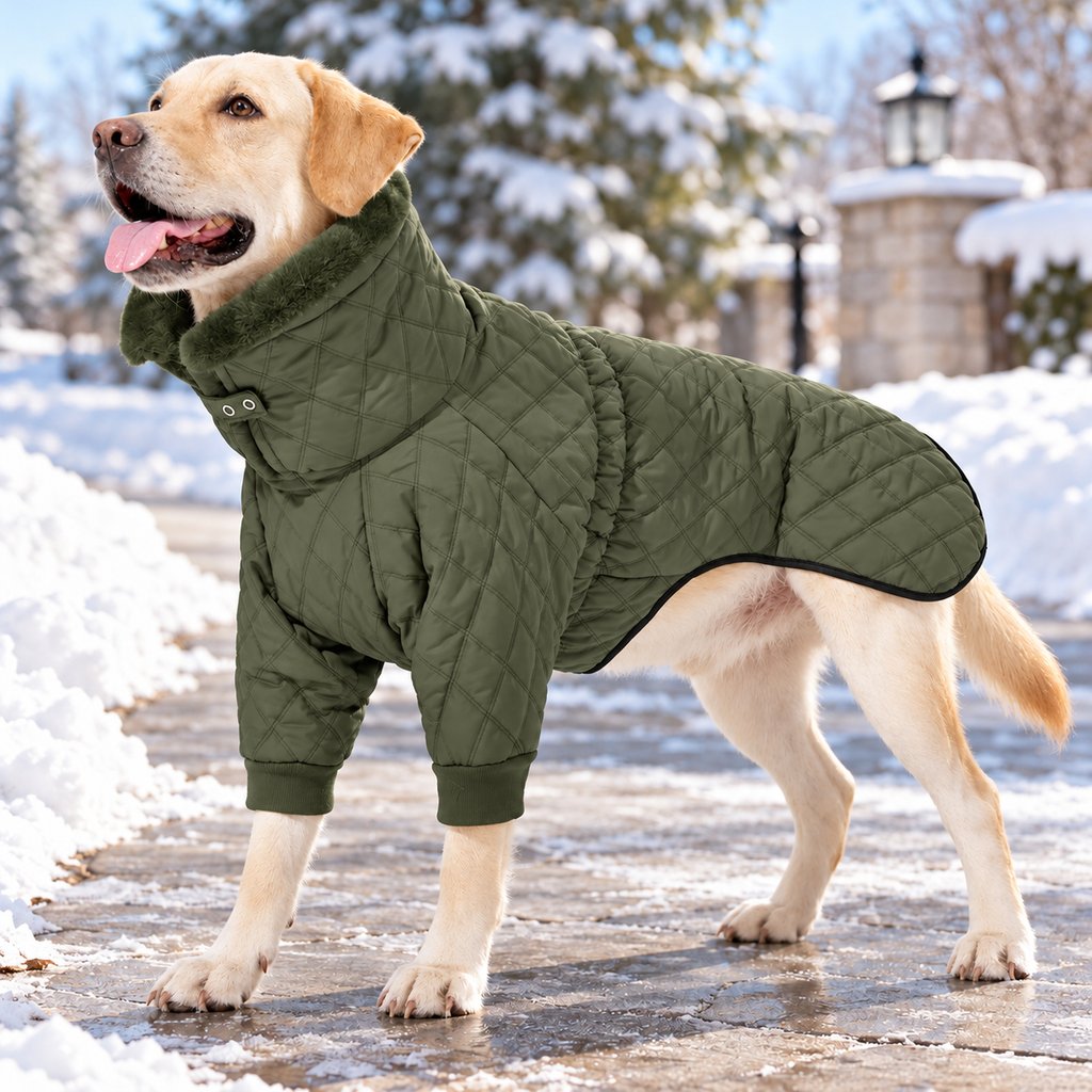 army green quilted dog winter coat with front sleeves and high collar