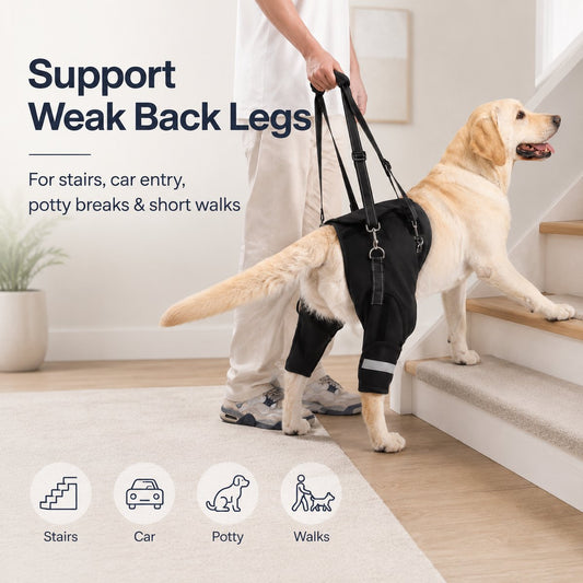 Dog lift harness helps support rear legs during stairs, car entry, and short assisted walks.