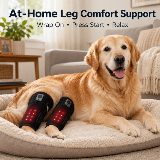 Rechargeable dog knee wrap for at-home leg comfort support