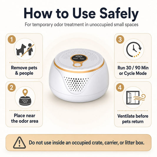 Rechargeable ozone pet odor deodorizer for unoccupied litter box and empty crate areas