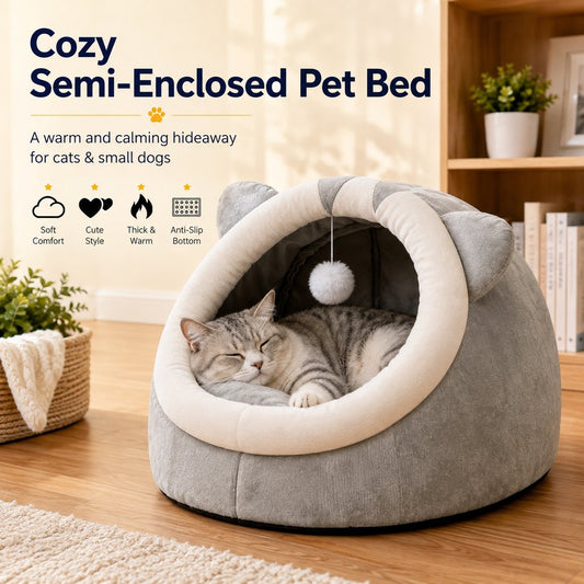 Paws in Awe Semi-Enclosed Plush Pet Bed for Cats & Small Dogs - Cozy Indoor Hideaway for Rest image 2