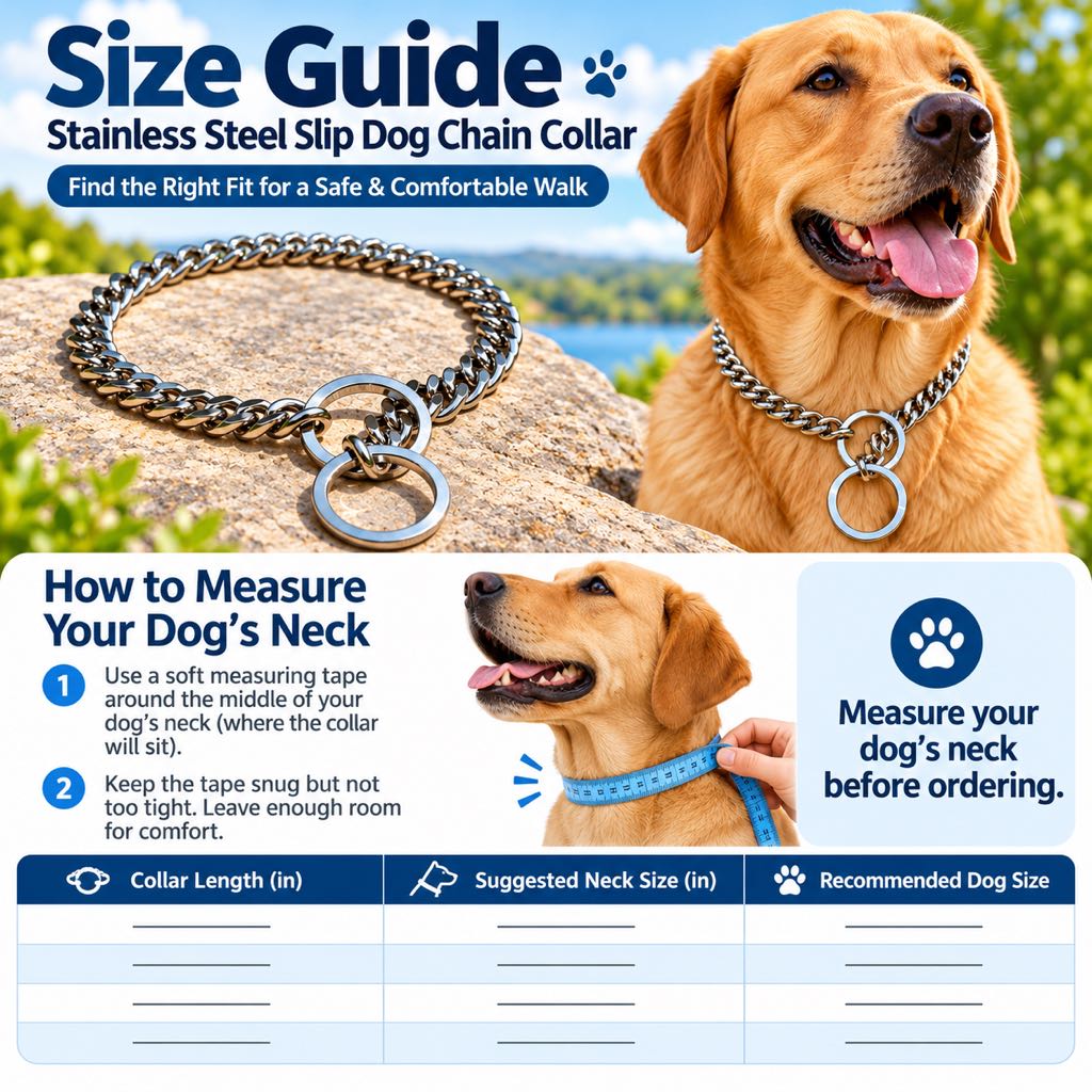 Stainless steel slip chain dog collar size guide in inches