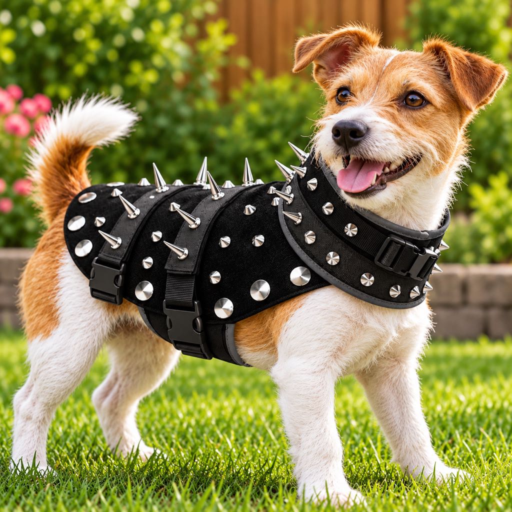 Black spiked protective dog vest worn outdoors by a small dog