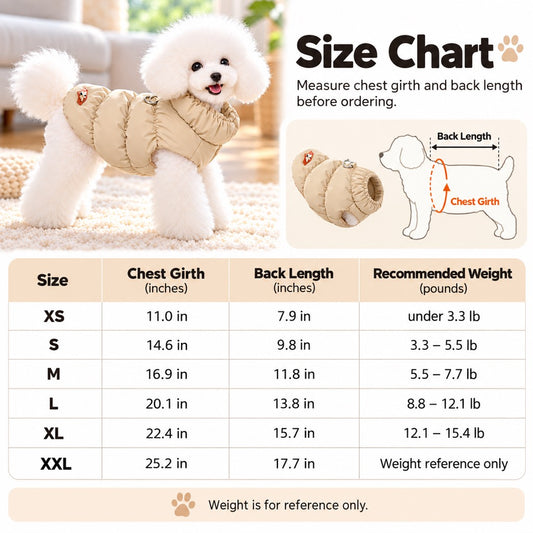 Dog puffer vest size chart XS to 2XL with chest and back measurements in inches