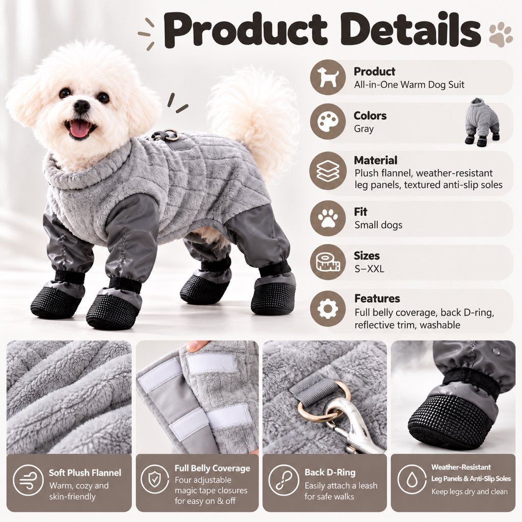Gray-only dog snowsuit specifications with fleece and built-in boots
