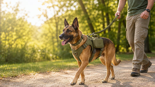 Dog wearing 5-piece tactical dog harness set during hiking and daily walk
