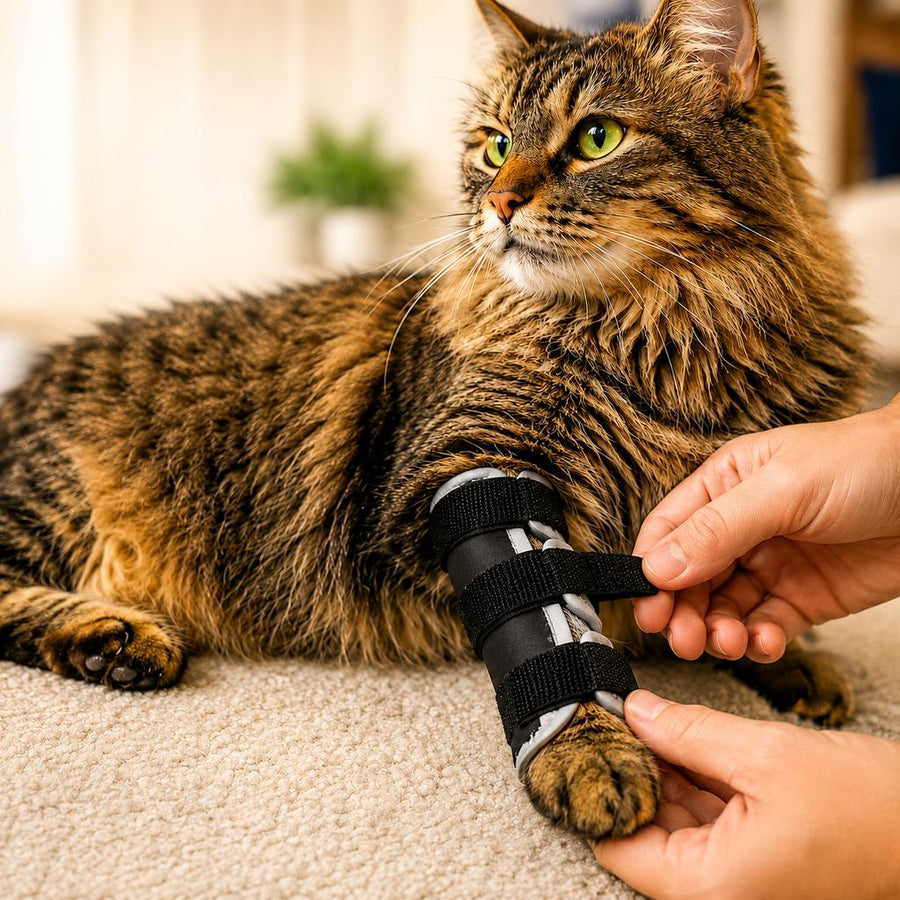 Paws in Awe Cat Leg Support Brace for Recovery Care - Adjustable Front or Hind Leg Splint for Weak Legs hero lifestyle scene showing the product in its most natural real-use environment