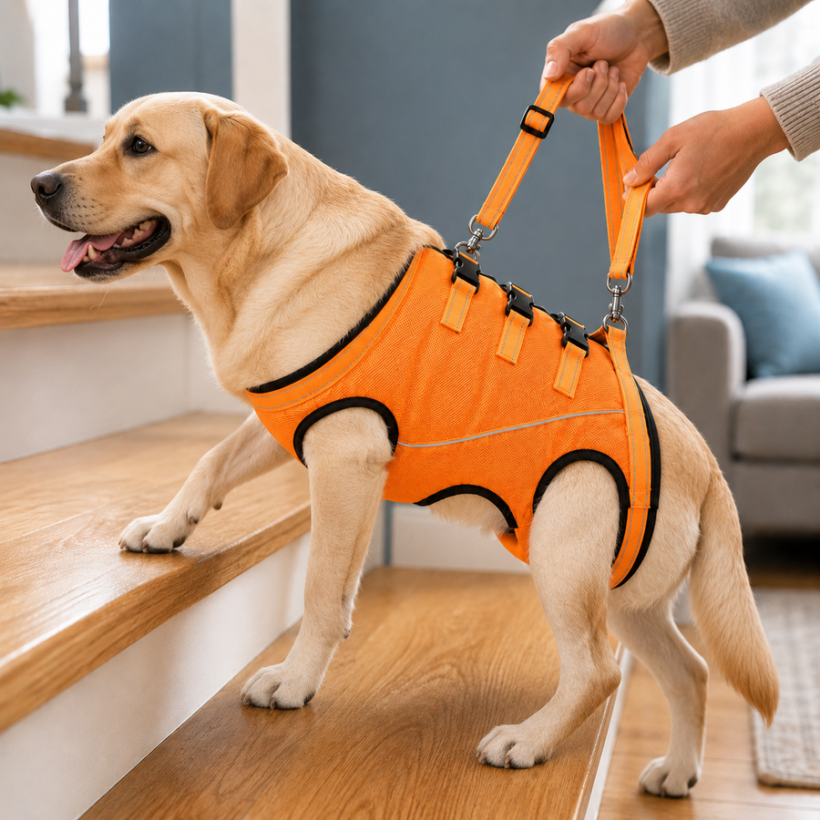 Paws in Awe Full-Body Dog Mobility Support Harness for Stairs & Car Rides - Lift Assist Vest for Senior Dogs with Weak Hind Legs hero lifestyle scene showing the product in its most natural real-use environment